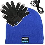 Deego HD Stereo Premium Sports Bluetooth Hat Wireless Smart Beanie Headset Musical Knit Hands-Free Headphone Speaker Hat Speaker phone Cap Microphone + Touch Screen Gloves (Blue Cap*1+Black Gloves*1)