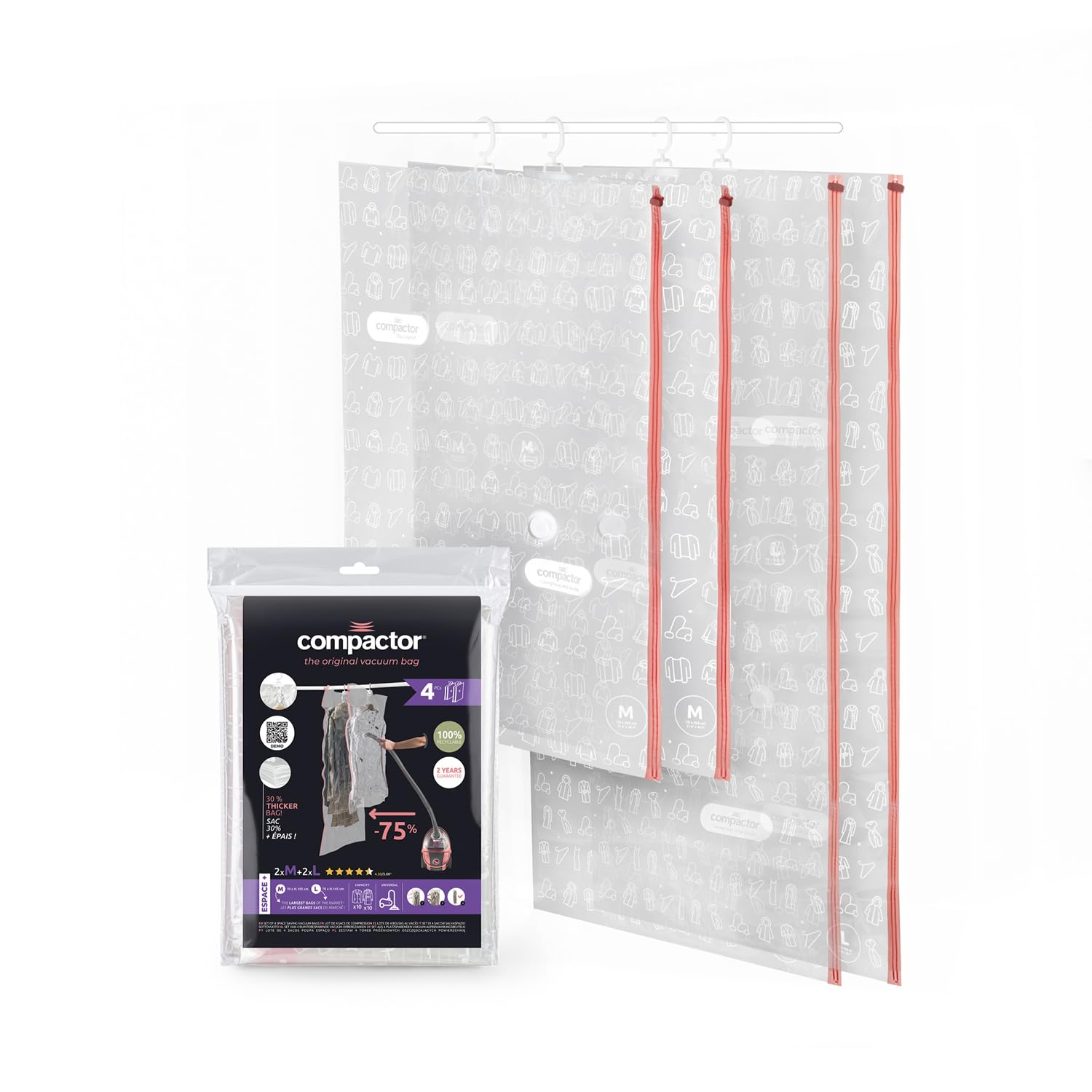 Compactor Aspispace Set of 4 Vacuum Compression Bags - Medium/Large Sizes, Transparent, Space-Saving Storage Solution
