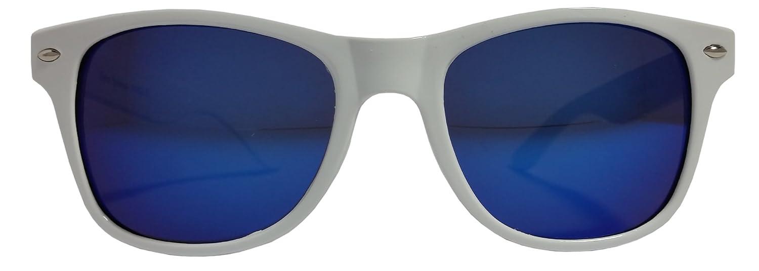 White Frame Sunglasses With Mirror Blue Lens Smoky Grey Tint Classic