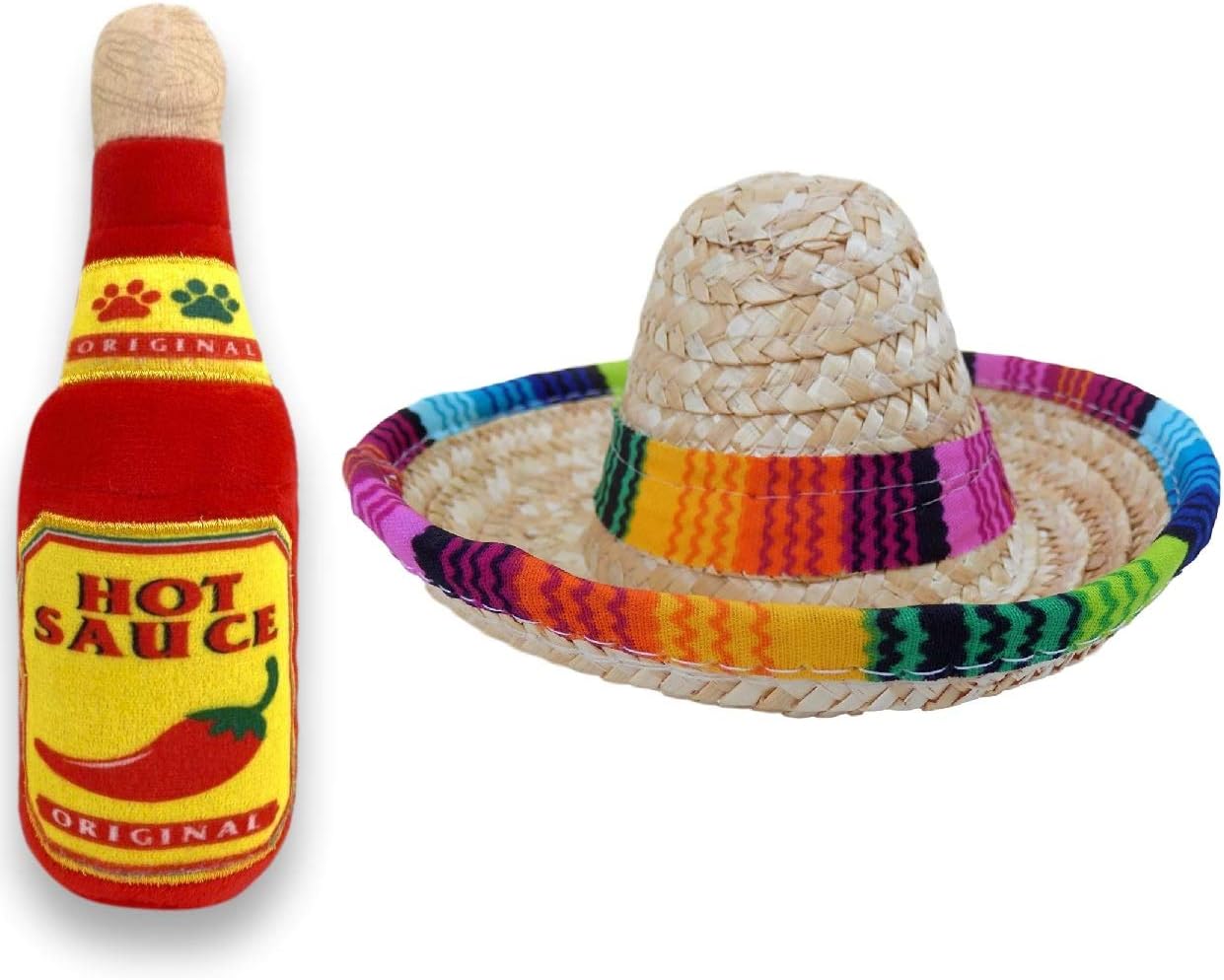 Dog Sombrero and Hot Sauce Plush Toy Pack - Funny Dog Costume and Chew Squeak Toy - Chihuahua Clothes - Mexican Party Decorations : Kitchen & Dining