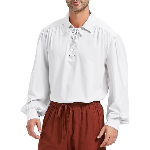 Camicia da uomo medievale Viking Costume con lacci Renaissance Viktorian Steampunk Pirata Camicie Festival Abbigliamento a maniche lunghe Camicia vichinga Henley, bianco, M