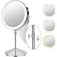KuMers Lighted Makeup Mirror with Magnification, Adjustable 10X 8’’Rechargeable Double Sided Vanity Mirror with Lights Magnifying Makeup Mirror with 3 Color Light with 360° Rotation, Detachable Base