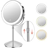 KuMers Lighted Makeup Mirror with Magnification, 10X 8’’Rechargeable Double Sided Vanity Mirror with Lights Magnifying Makeup Mirror with 3 Color Light with 360° Rotation, Detachable Base