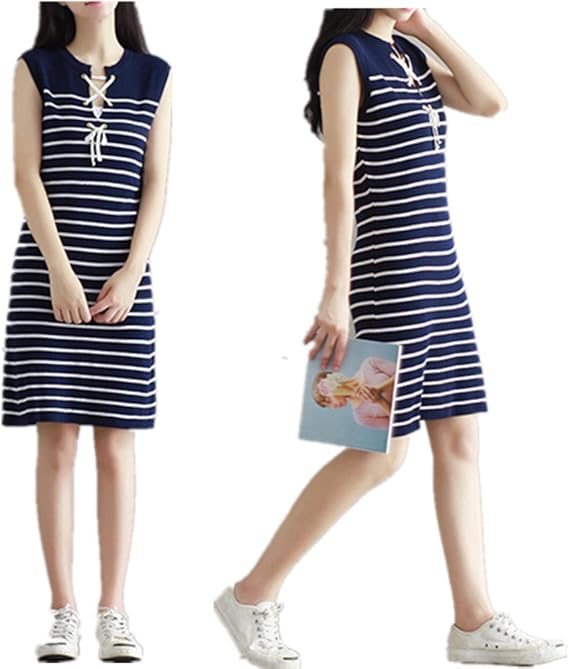 Amazon ノーブランド品 レディース ワンピース 膝丈 ボーダー ワンピース 森ガール 学院風 ガールズ かｋ軍風 弾力 ネイビー ワンピース チュニック 通販