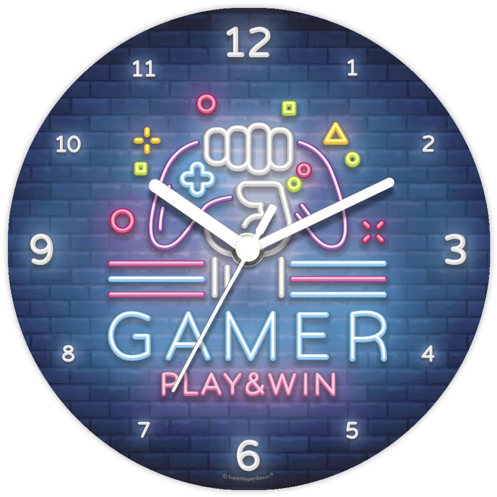 SuperDuperDecor VIDEO GAME CLOCK - Neon Style - Glow in the Dark - Boys Bedroom, Kids room, Children's Wall Decor, Gift Clock for Boy or Girl - GAMER