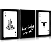 Western Cowboy Ace Wall Art Set of 3, Southwest Canvas Prints 12x16in | Black and white cactus, bull skull How Lucky Are We Pictures for living room, bedroom, office, bar, game room western decor