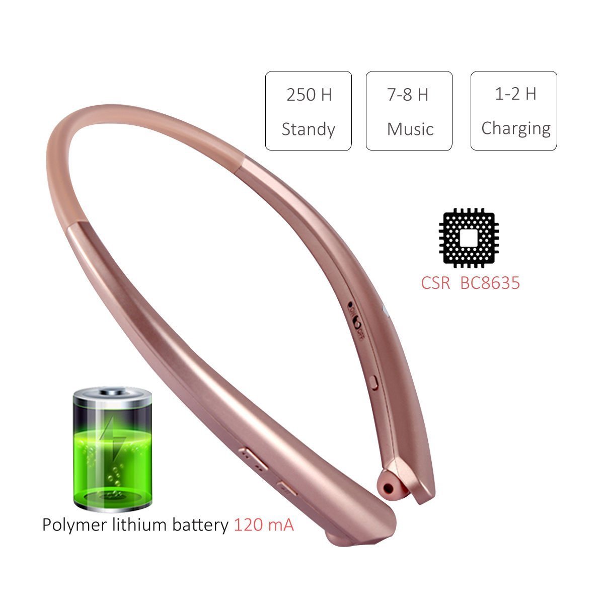 Bluetooth Neckband Retractable Headphones, Wireless Sweatproof Sports Headset Earbuds In ear Stereo Noise Cancelling Earphone with Mic for iPhone X/8/7/6 and Android by Ashipher (Gold)