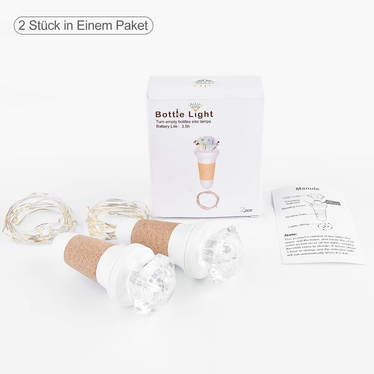 2 Packs Flaschenlichterkette Korken (7 Farbwechsel Mehrfarbig Flaschenlicht + Warmweißes Lichterkette), LED Bottle Lamp USB Wiederaufladbar für Weihnachten, Zimmer, Party, Hochzeit, Geburtstag