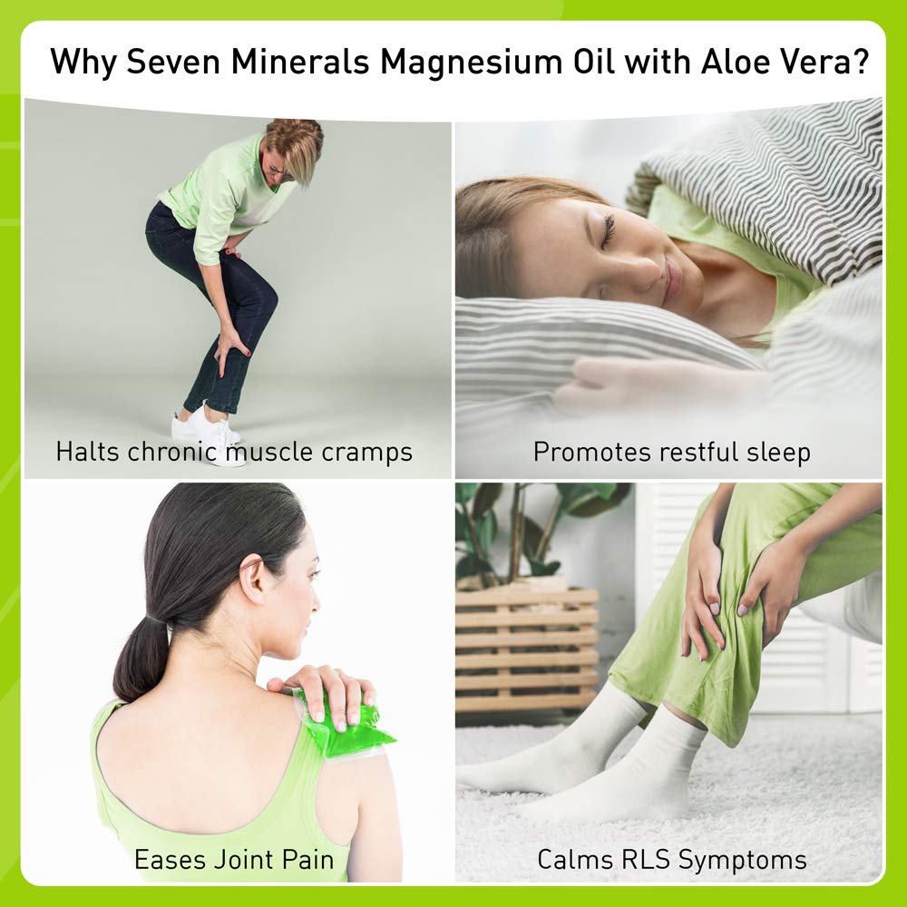 Seven Minerals Pure Magnesium Oil Spray with Aloe Vera 12oz - Pharmaceutical (USP) Grade, Highest Strength with Instant Relief for Feet, Sleep, Muscle Pain & Cramps - Mined in The USA
