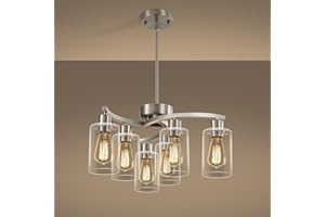 6-Light Brushed Nickel Chandeliers for Dining Room Light Fixtures Over Table, Adjustable Height Hanging Industrial Pendant Li