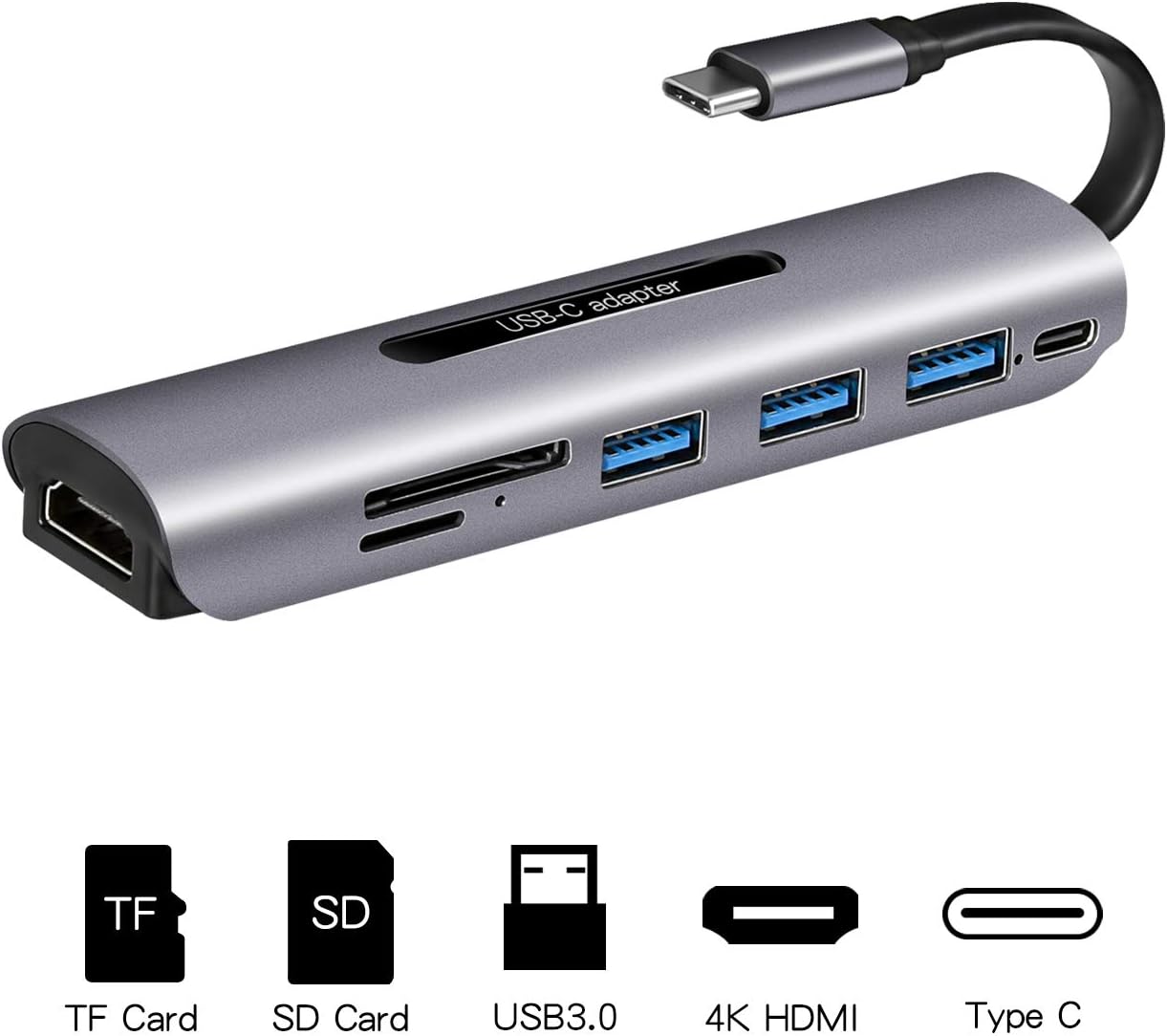 USB C Hub, 7 in 1 Type-C Adapter with 3 USB 3.0 Ports, TF/SD Card Reader, USB-C Power Delivery and 4K HDMI