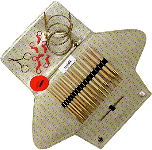 addi Click Bamboo Gold Edition - Interchangeable Needle Set with addi Gold Scissors, 3 Gold Cords, addi Socks Stitch Marker and addi Grip Pads