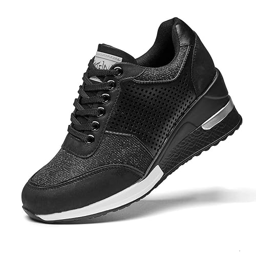 ANJOUFEMME Black Wedge Heel Sneakers for Women Lace Up High Heel