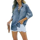 imesrun Womens Button Down Denim Shirt Chambray Casual Long Sleeve Collared Boyfriend Jean Jacket Shacket with Pockets