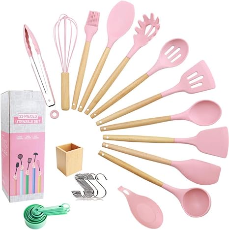 Amazon 調理器具 シリコンキッチン用品セット23ピース 耐久性のある木製ハンドル と収納バケット 調理とベ ツールセット オンライン通販
