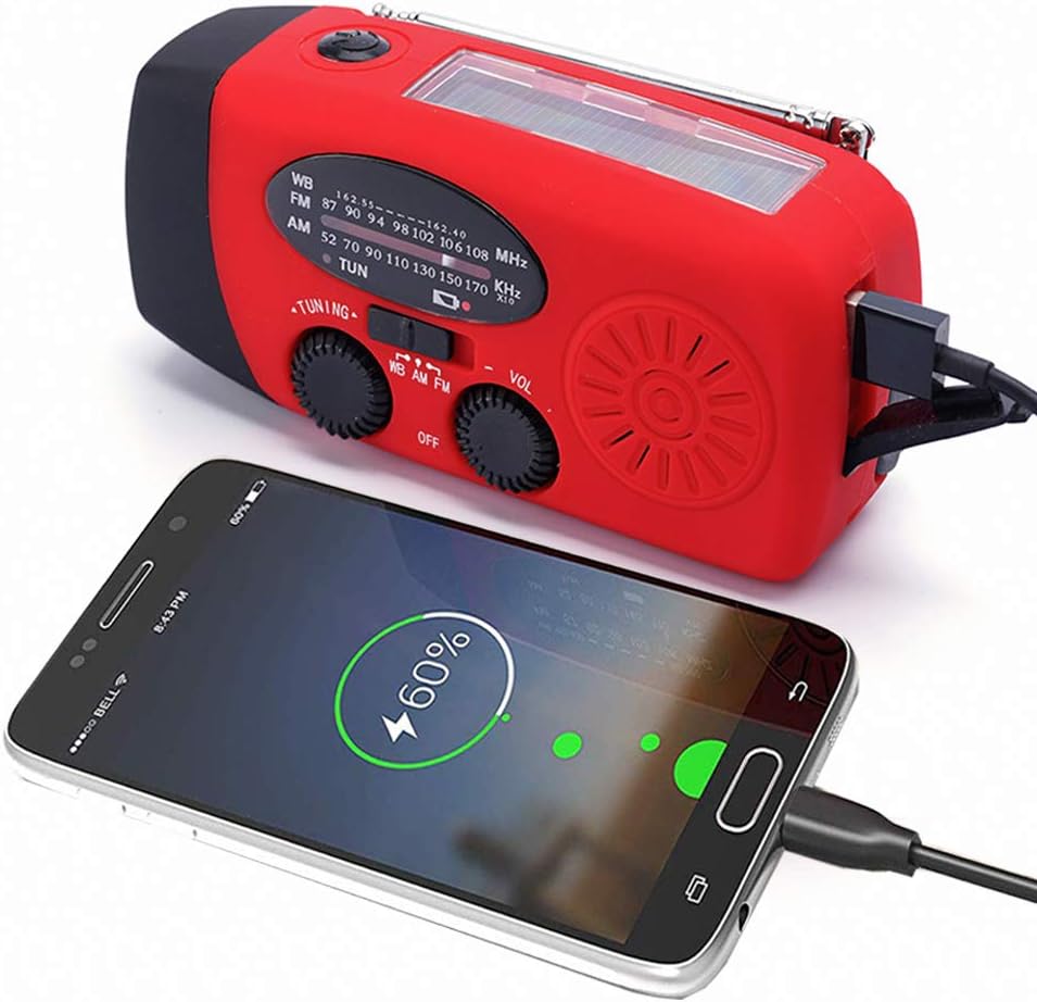 FM/AM/NOAA Weather Radio Hand Crank Self Powered Solar Emergency Radios with 3 LED Flashlight 1000mAh Power Bank Smart Phone Charger (Red): Home Audio & Theater