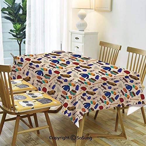 Sport Rectangle Polyester Tablecloth,Competitive Activities Goods Pattern Weights Coats Bowling Pins Ping Pong Gymnastic,Dining Room Kitchen Rectangle Table Cover,60W X 102L inches,Multicolor