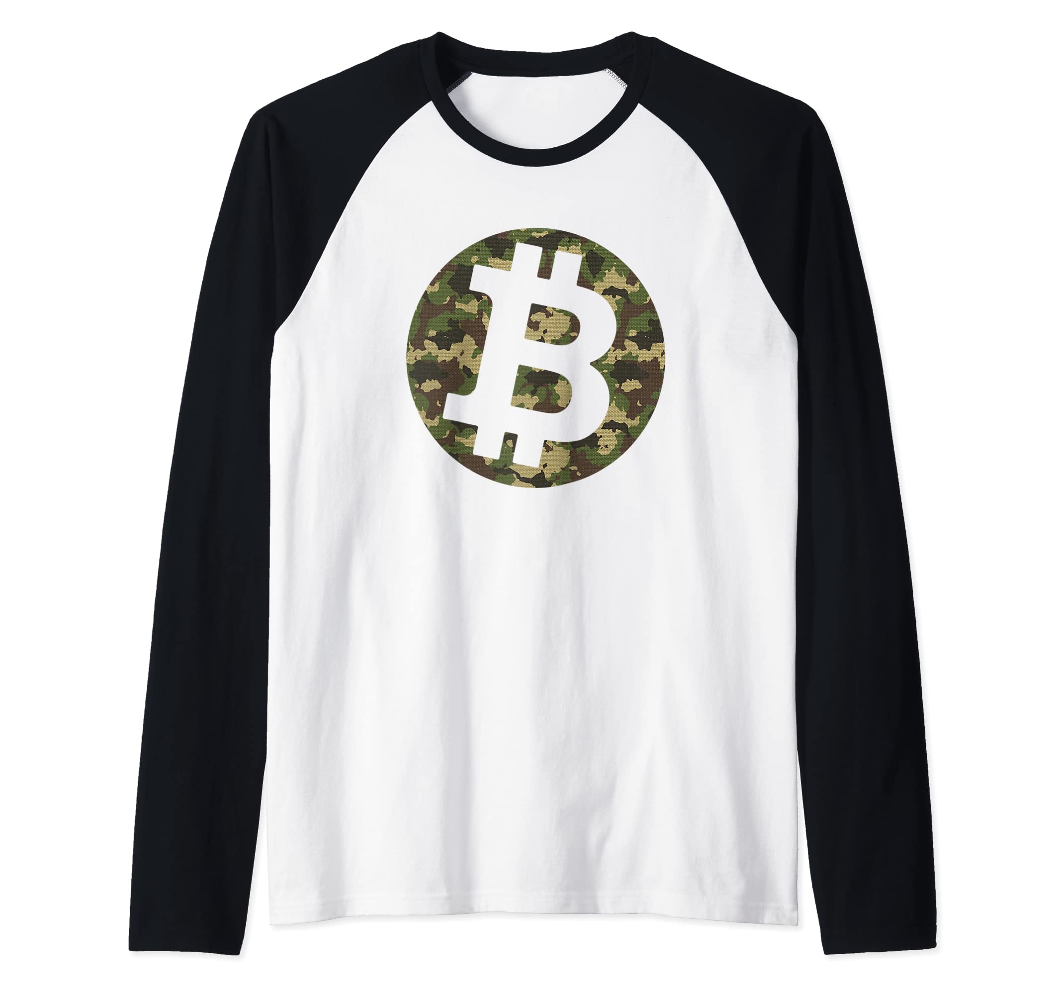 Bitcoin Logo Camouflage Hunting Background Trader Crypto Raglan Baseball Tee