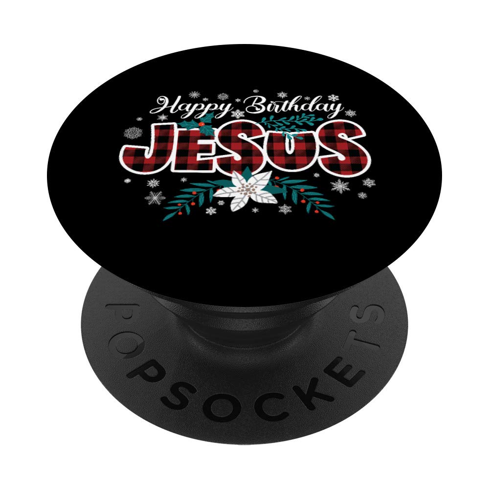 Christian Christmas Buffalo Plaid Happy Birthday Jesus PopSockets Swappable PopGrip