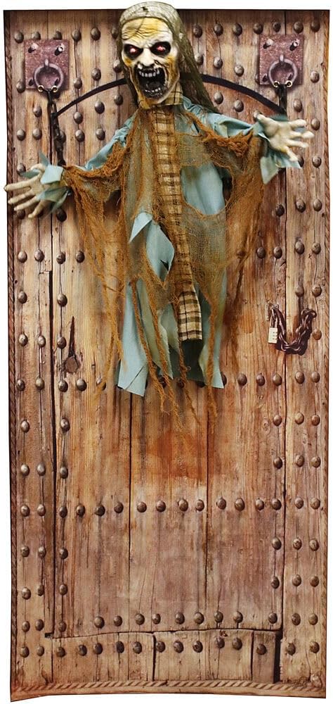 Wreath Hangers - Haunted Hill Farm Animatronic Twisting Zombie in Chains with Backdrop and Folding Door Hook for Scary Hanging Halloween Decoration