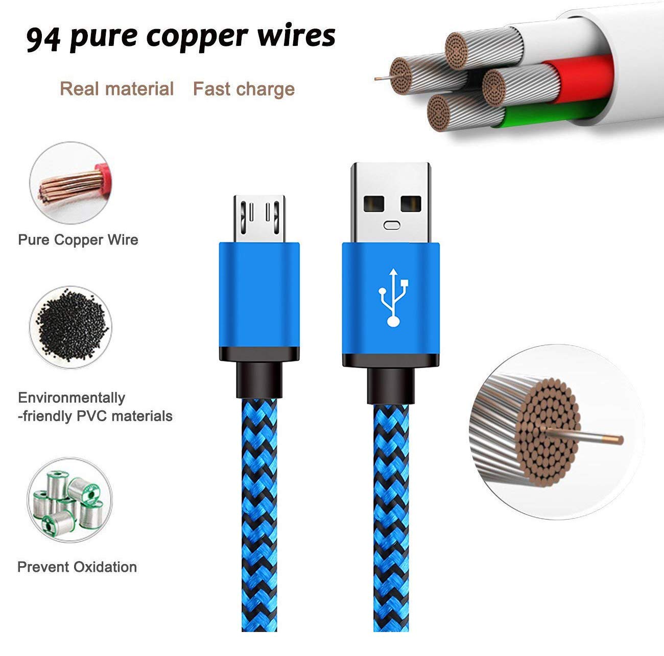 2Pack 6.6Ft Micro USB Charger Fast Cable Compatible for Samsung Galaxy A6 S6 S7 Edge Active S4 S3 Note 5 2 J3 J5 J7 J8 J1 Core Prime Grand Alpha Amp prime 2 3 Tab Droid Turbo, Moto G3, G4, G5 Plus