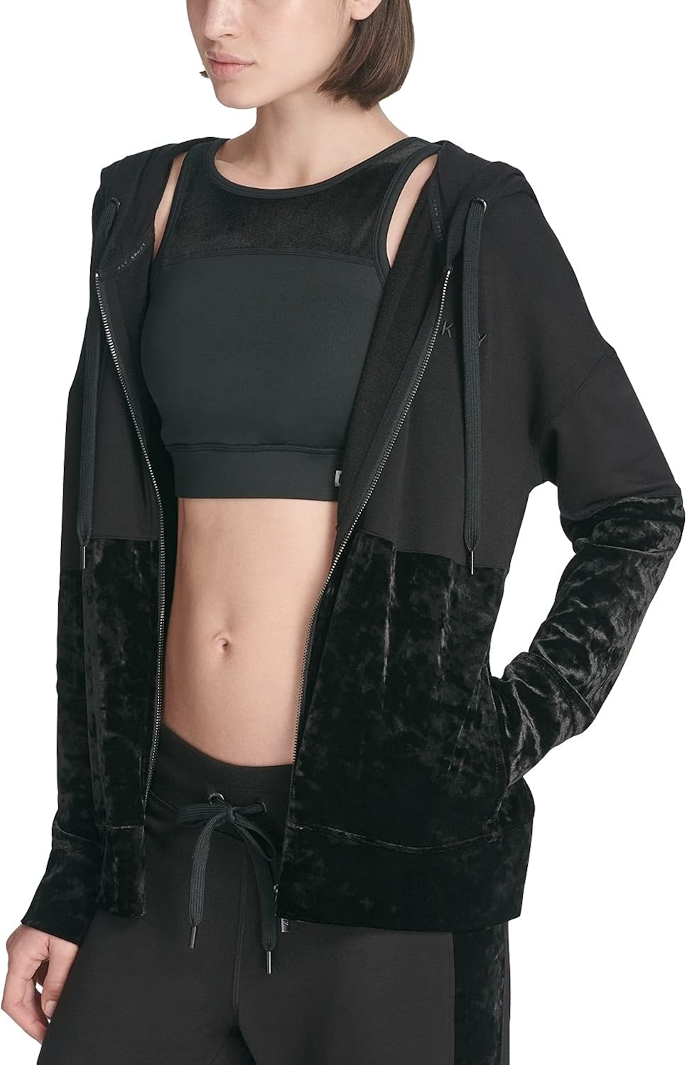DKNY Sport Velvet Mixed-Media Hoodie, Black XS at Amazon Womenâs Clothing store