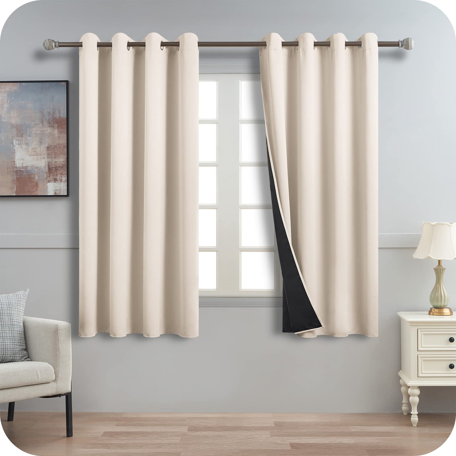 MRTREES 100% Modern Living Room Blackout Curtains 2 Pieces 140 x 160 cm (W x L) Beige Curtain Thermal Insulated Cold and Heat Curtains for Bedroom Dining Room Kitchen Bedroom with Eyelets — image 1