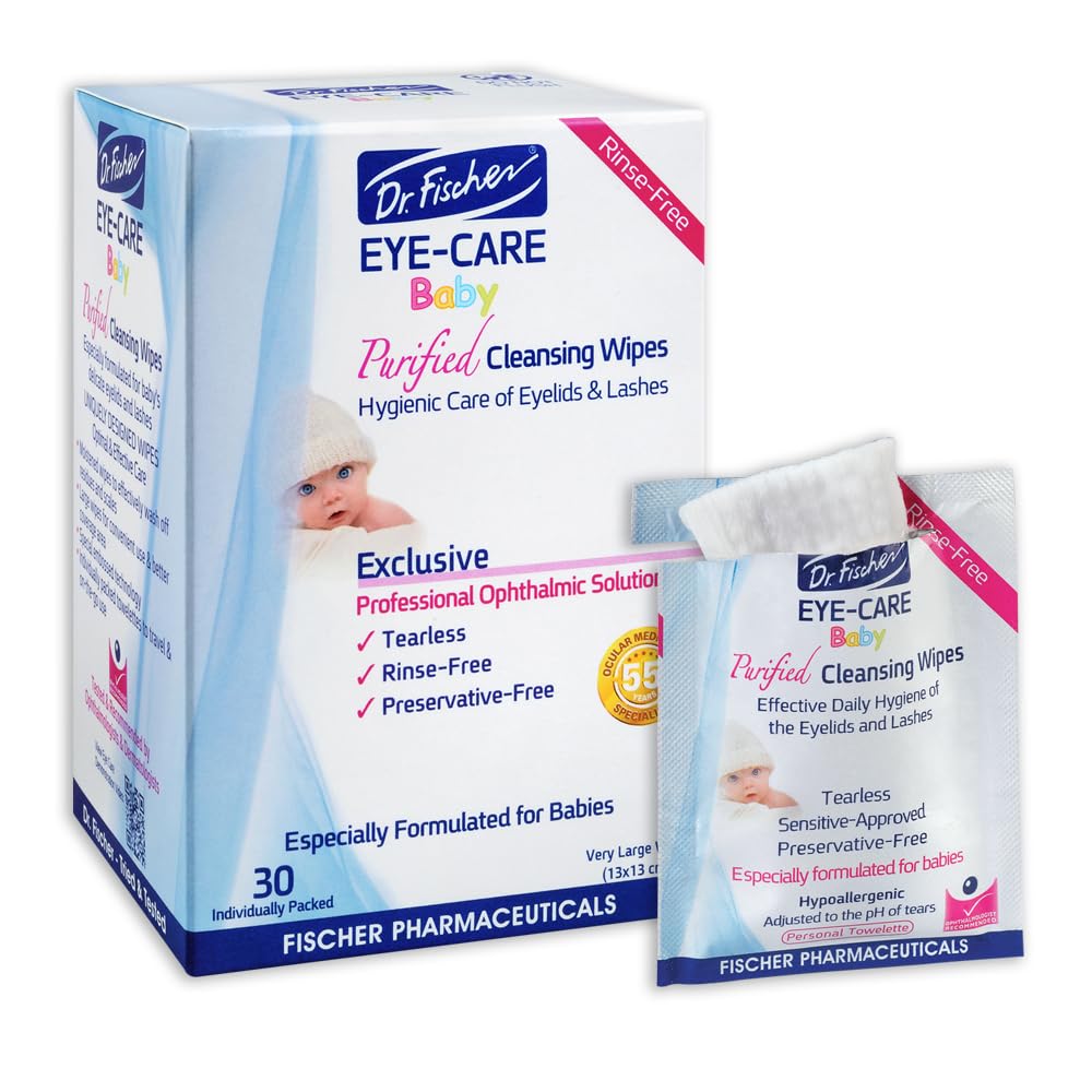 Purified, Non-irritating, Tear-free, Hypoallergenic & Sensitive Approved Baby Eyelid Wipes by Dr. Fischer - Pre-moistened, Rinse Free and Paediatrician Recommended (30 Wipes)