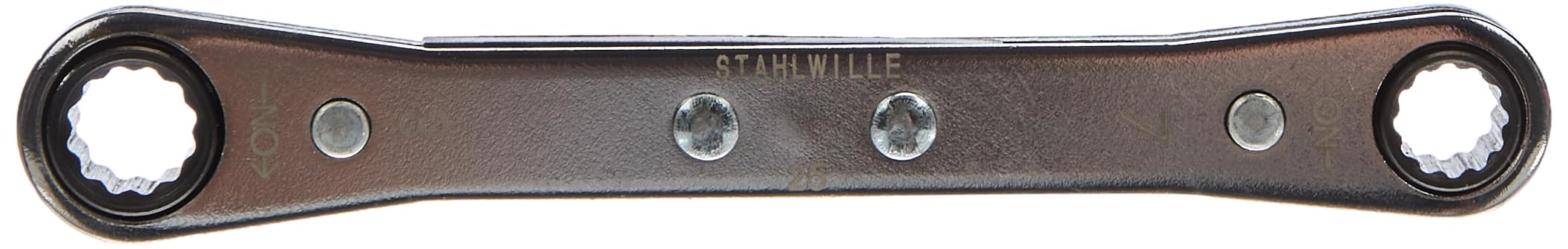 Stahlwille 41130708 25 Ratchet Ring Spanner with BI-HEXAGON, Straight, 22 Teeth, Chrome Plated, 7 mm x 8 mm opening, 109 mm Length