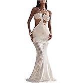 SOLY HUX Women's Summer Crochet Maxi Dress Sexy Sequin Cut Out Backless Bodycon Long Beach Vacation Dresses