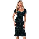 Allegra K Velvet Floral Dress for Women's Puff Sleeve Semi Formal Wedding Guest Dresses