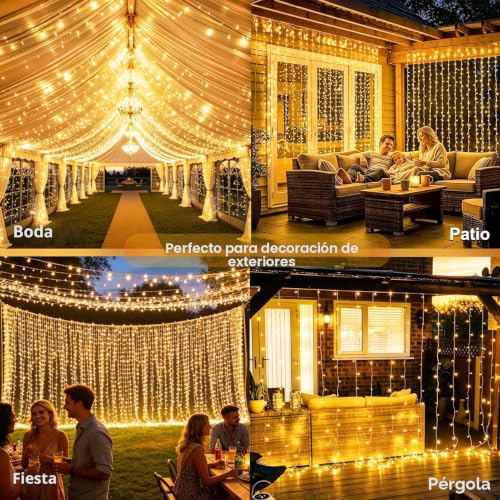 Lichtfam Curtain Lights, 6 x 3 m 600 LED Waterfall Lights with Plug, 8 Modes Decoration Wedding Waterproof Curtain Light for Balcony Garden Party Wall Ceiling Room Indoor Outdoor