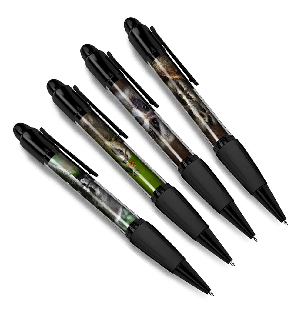 DV DESIGN Set of 4 Raccoon Black Ballpoint Pens - Tree Animal Nature Wildlife Wild Travel Portrait Boys Girls Men Women Theme Pen #79474
