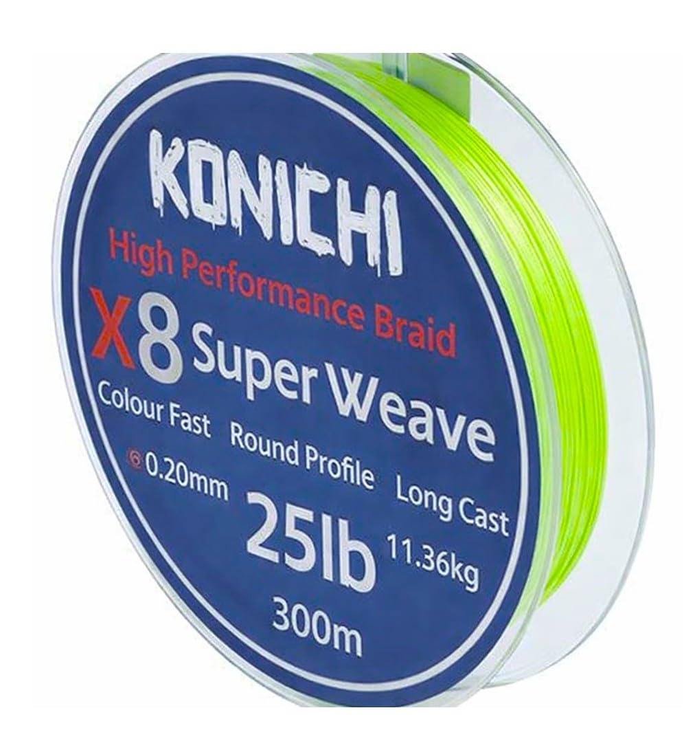 KONICHI X8 SUPERWEAVE Braid - 300m Spool of Braided Fishing Line Long Cast Abrasion Resistant with Low Memory & No Stretch - Thin Strong Diameters with Great Bite Sensitivity (300m - 40lb to 0.30mm)