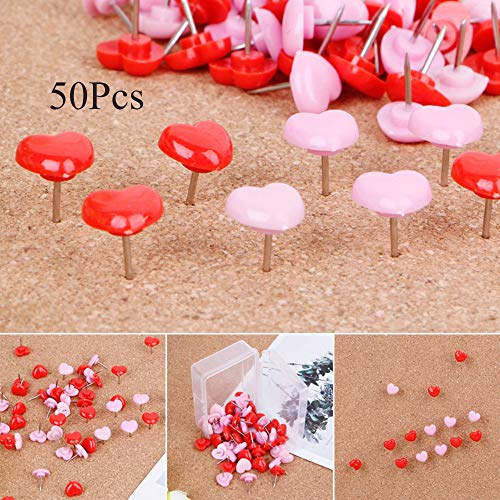 image for gootrades Heart Shape Pink Thumbtacks, 50Pcs Push Pins Decorative Thum