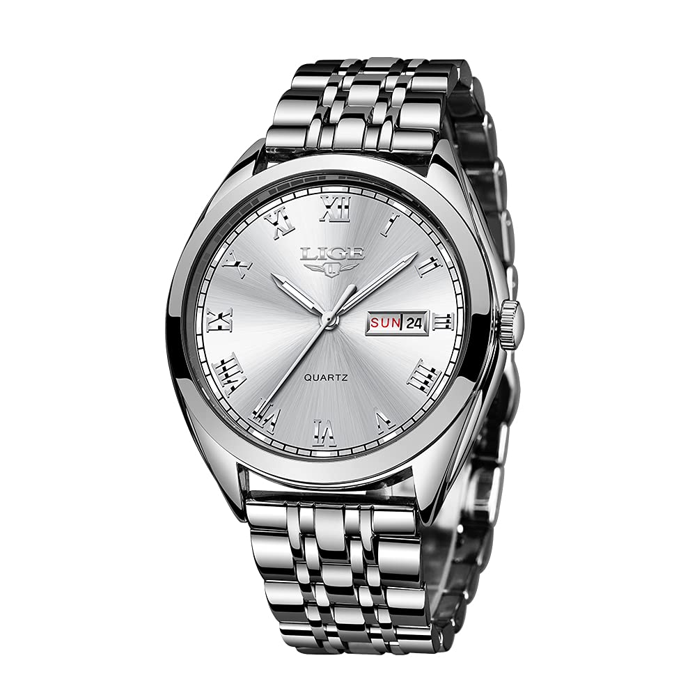LIGE Men Wristwatch Gents Fashion Elegant Silver Stainless Steel 3ATM Waterproof Analog Quartz Watch Male Business Round Dial Canlendar,Gents Dress Watch
