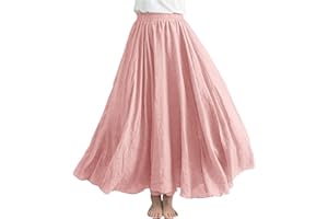BORNIU Womens Linen Maxi Skirts Summer Boho Solid Beach Elastic High Waist Pleated A-Line Flowy Swing Long Maxi Skirts
