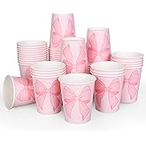 FYSUIMU 50 Pcs Pink Bow Paper Cups Bowknot Coquette Disposable Cups for Hot Cold Drinks Birthday Baby Shower Bachelorette Party Table Decor Supplies, 9 Oz