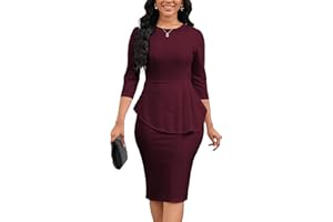 Yajedo Womens Peplum Bodycon Pencil Midi Dress 3/4 Sleeve Crew Neck Work Church Knee Length Sheath Dress Elegant