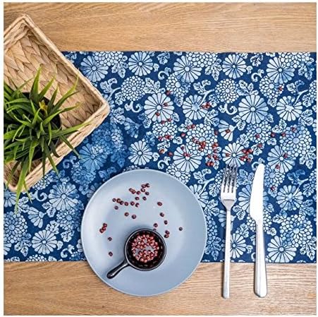 Blue White Vintage Table Runner Long 100% Cotton Floral Printing 14" by 79"