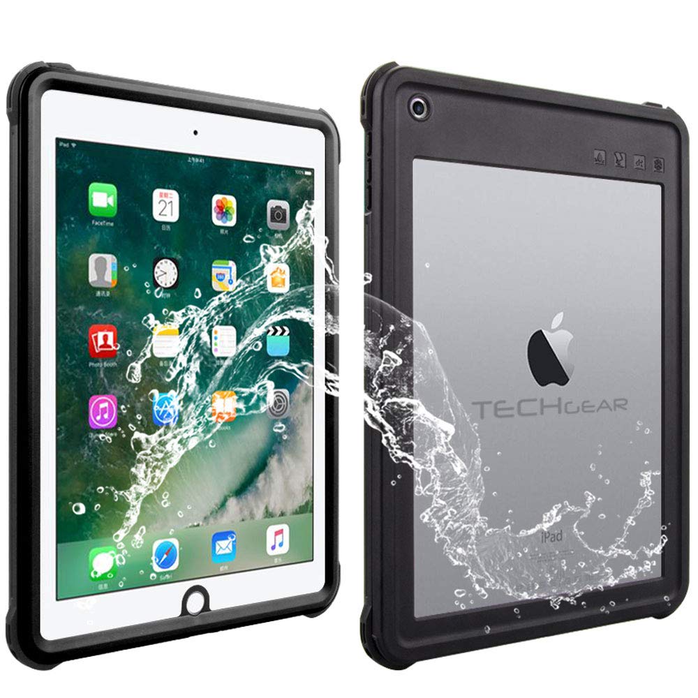 TECHGEAR Waterproof Case for iPad 9.7" 2018/2017 5th & 6th Generation [Poseidon] Slim Rugged Armour Shockproof Waterproof Case with Built-in Screen Protector + Stand & Neck Strap fit Apple iPad 9.7"