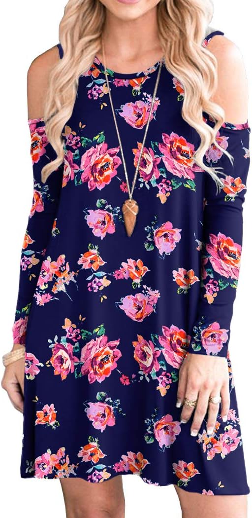 QIXING Women's Summer Cold Shoulder Tunic Top Swing T-Shirt Loose Dress with Pockets