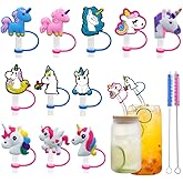 11Pcs Cute 6-8mm Small Silicone Straw Covers Cap,RENUIS Reusable Portable Dust-Proof Drinking Straw Toppers for Tumblers and Water Bottles, 2pcs cleaning brush,Funny Gifts for Women & Girls(Unicorn)