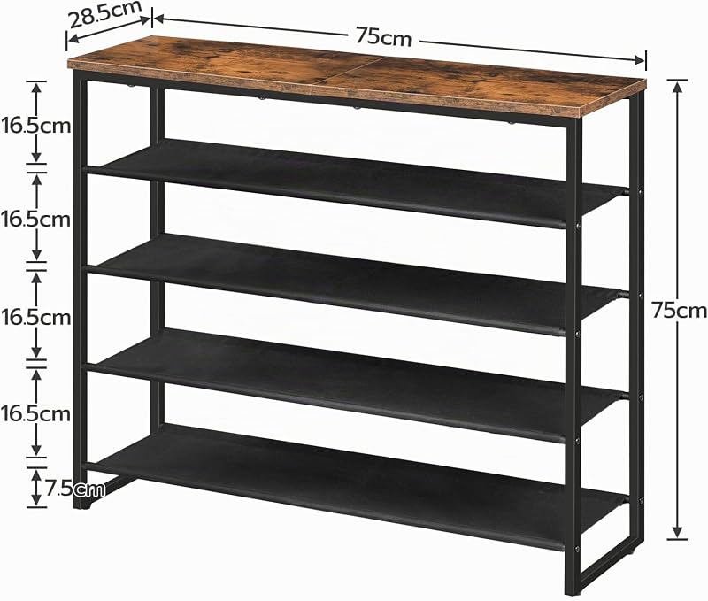 Suporte para sapatos, prateleira de 5 níveis, 4 compartimentos de tecido Oxford e placa superior, para 16-20 pares de sapatos, para entrada, aparador, castanho rústico EBF50XJ01