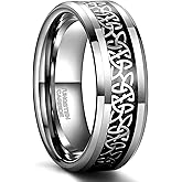 Greenpod 6mm 8mm Tungsten Rings for Men Women Silver Beveled Edge Celtic Knot Rings Black Carbon Fiber Inlay Wedding Bands for Him Size 5-15