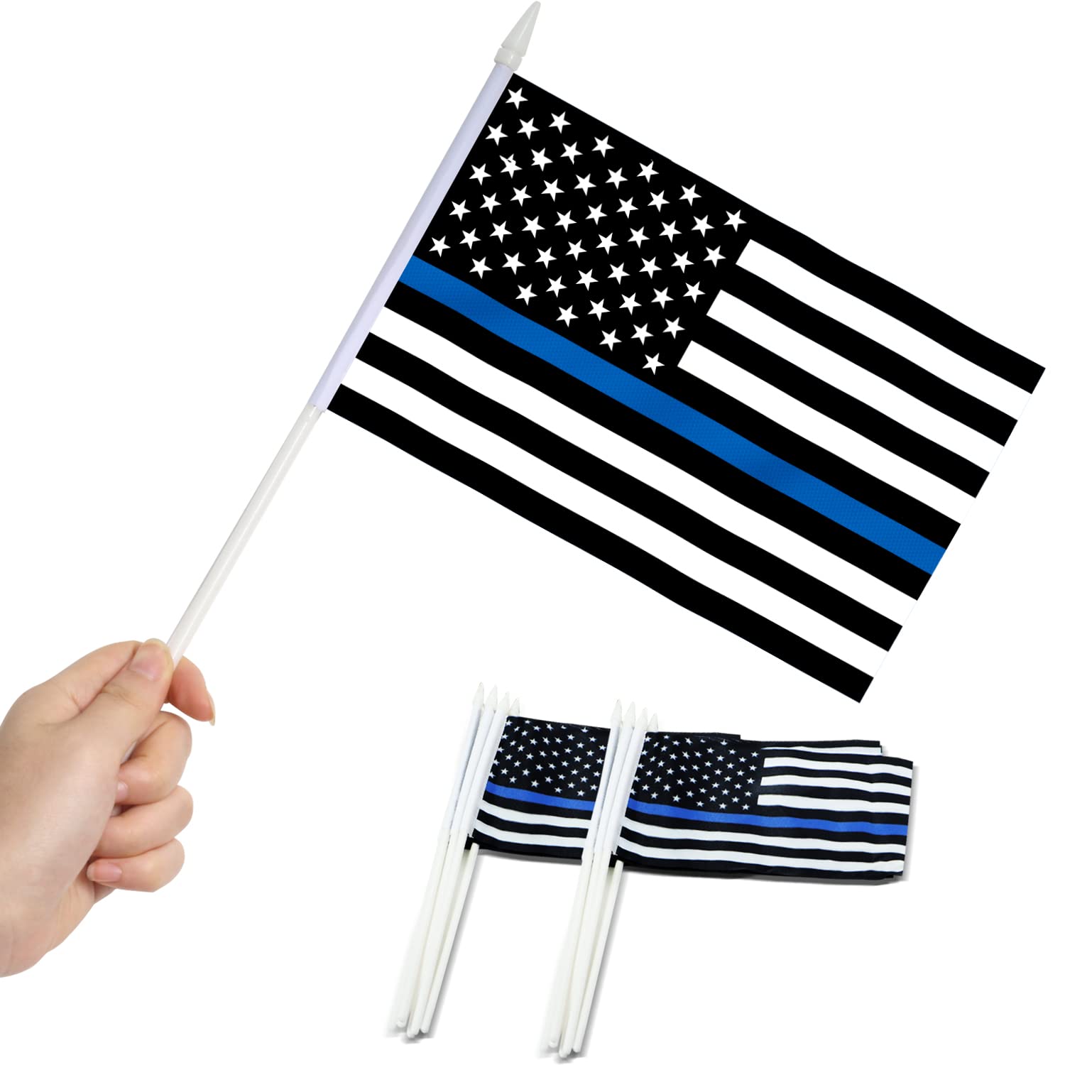 Photo 1 of Anley Thin Blue Line US National Mini Flag 12 Pack - Hand Held Small Miniature Honoring Law Enforcement Officers Flags on Stick - Fade Resistant & Vivid Colors - 5x8 Inch with Solid Pole & Spear Top