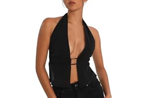 RUEWEY Women Y2K Backless Crop Top Vintage Sexy Tie Up Halter Deep V Neck Spaghetti Strap Cami Top Streetwear​