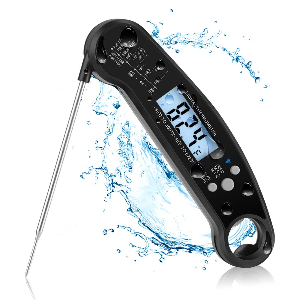 Waterproof Digital Meat Thermometer Instant Read with 4.6” Folding Probe Bottle Opener Super and Backlight & Calibration. Digital Food Probe for Kitchen, Outdoor Grilling and BBQ!（Black）