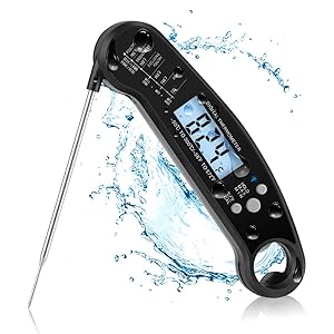 Waterproof Digital Meat Thermometer Instant Read with 4.6” Folding Probe Bottle Opener Super and Backlight & Calibration. Digital Food Probe for Kitchen, Outdoor Grilling and BBQ!（Black）