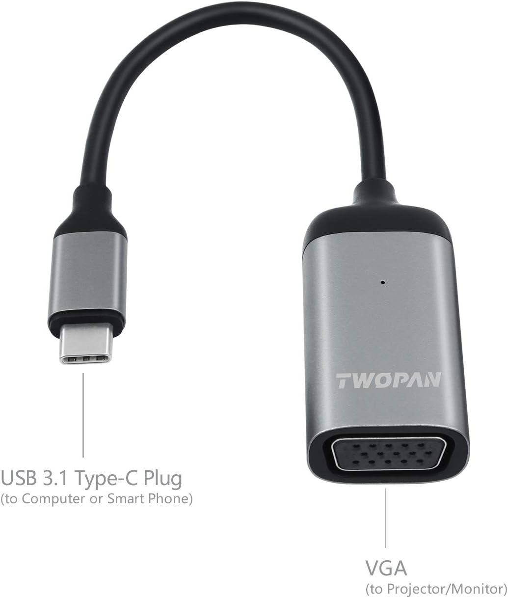 TWOPAN USB C Hub to VGA Adapter Type-C Hub with VGA Converter with Aluminum Case,for Projector, Monitor,MacBook Pro/Mini/Air, XPs, Yoga, Chromebook/T9-V